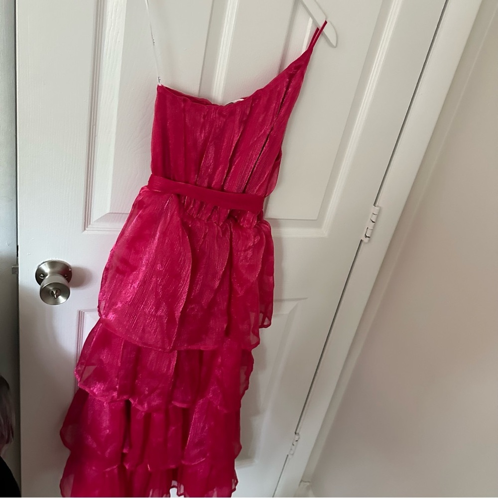 One Shoulder Pink Ruffle Dress - Picture 6 of 7